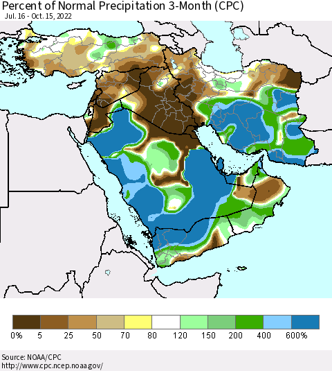 Middle East and Turkey Percent of Normal Precipitation 3-Month (CPC) Thematic Map For 7/16/2022 - 10/15/2022