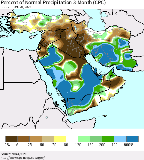 Middle East and Turkey Percent of Normal Precipitation 3-Month (CPC) Thematic Map For 7/21/2022 - 10/20/2022
