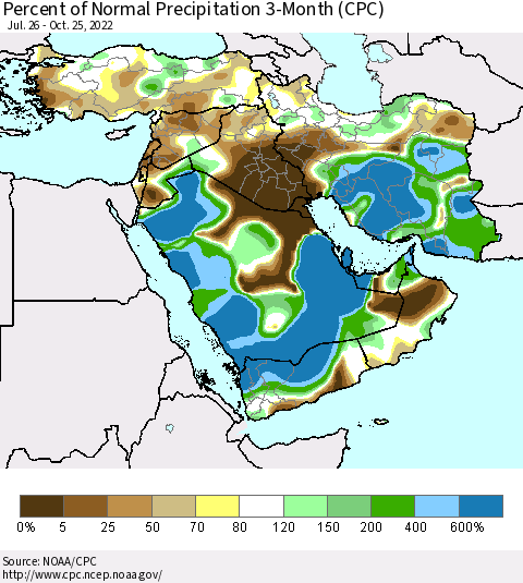 Middle East and Turkey Percent of Normal Precipitation 3-Month (CPC) Thematic Map For 7/26/2022 - 10/25/2022