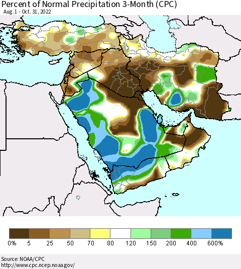 Middle East and Turkey Percent of Normal Precipitation 3-Month (CPC) Thematic Map For 8/1/2022 - 10/31/2022