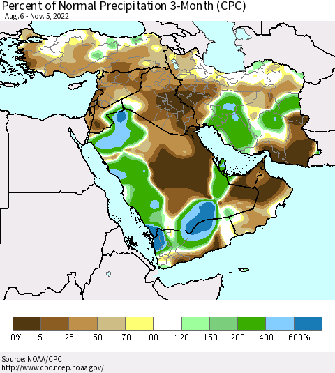 Middle East and Turkey Percent of Normal Precipitation 3-Month (CPC) Thematic Map For 8/6/2022 - 11/5/2022