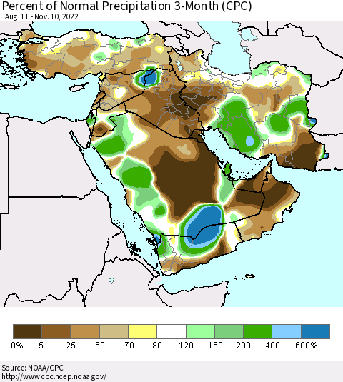 Middle East and Turkey Percent of Normal Precipitation 3-Month (CPC) Thematic Map For 8/11/2022 - 11/10/2022