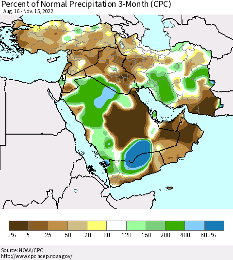 Middle East and Turkey Percent of Normal Precipitation 3-Month (CPC) Thematic Map For 8/16/2022 - 11/15/2022