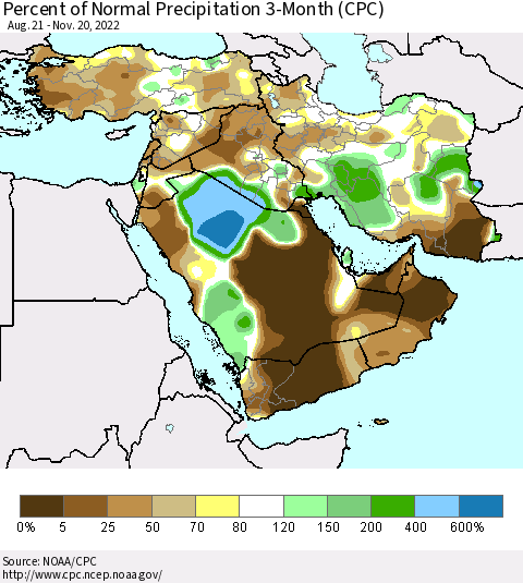 Middle East and Turkey Percent of Normal Precipitation 3-Month (CPC) Thematic Map For 8/21/2022 - 11/20/2022