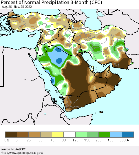 Middle East and Turkey Percent of Normal Precipitation 3-Month (CPC) Thematic Map For 8/26/2022 - 11/25/2022