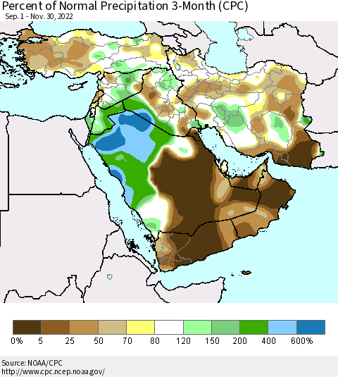 Middle East and Turkey Percent of Normal Precipitation 3-Month (CPC) Thematic Map For 9/1/2022 - 11/30/2022