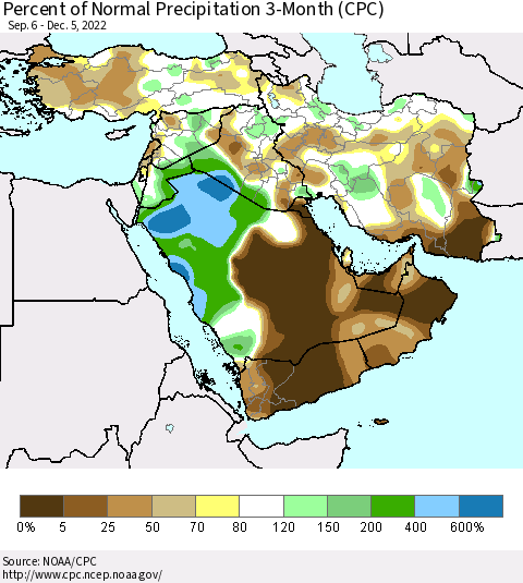 Middle East and Turkey Percent of Normal Precipitation 3-Month (CPC) Thematic Map For 9/6/2022 - 12/5/2022