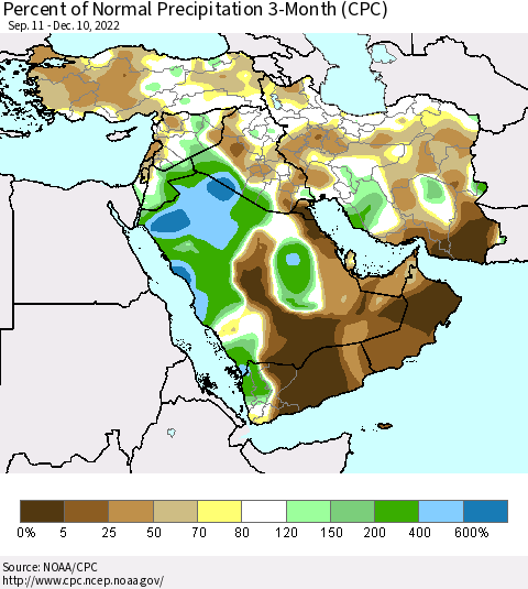 Middle East and Turkey Percent of Normal Precipitation 3-Month (CPC) Thematic Map For 9/11/2022 - 12/10/2022