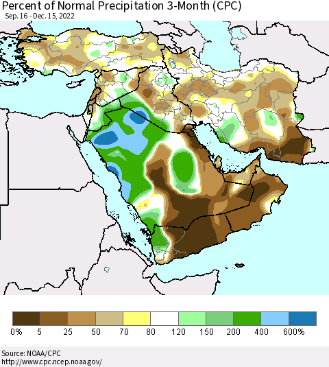 Middle East and Turkey Percent of Normal Precipitation 3-Month (CPC) Thematic Map For 9/16/2022 - 12/15/2022