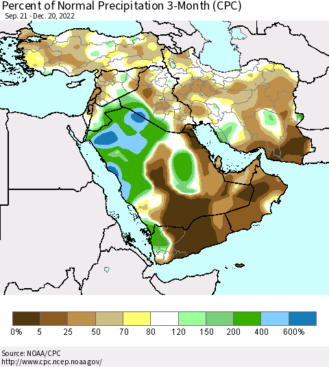 Middle East and Turkey Percent of Normal Precipitation 3-Month (CPC) Thematic Map For 9/21/2022 - 12/20/2022