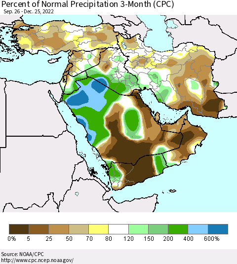 Middle East and Turkey Percent of Normal Precipitation 3-Month (CPC) Thematic Map For 9/26/2022 - 12/25/2022