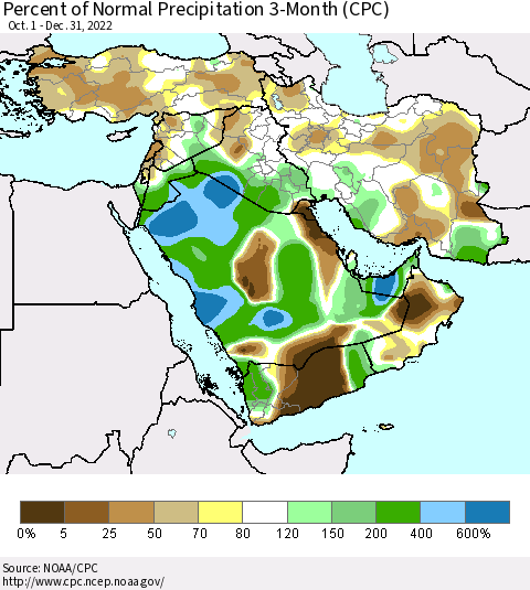 Middle East and Turkey Percent of Normal Precipitation 3-Month (CPC) Thematic Map For 10/1/2022 - 12/31/2022