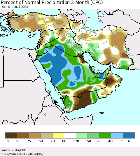 Middle East and Turkey Percent of Normal Precipitation 3-Month (CPC) Thematic Map For 10/6/2022 - 1/5/2023