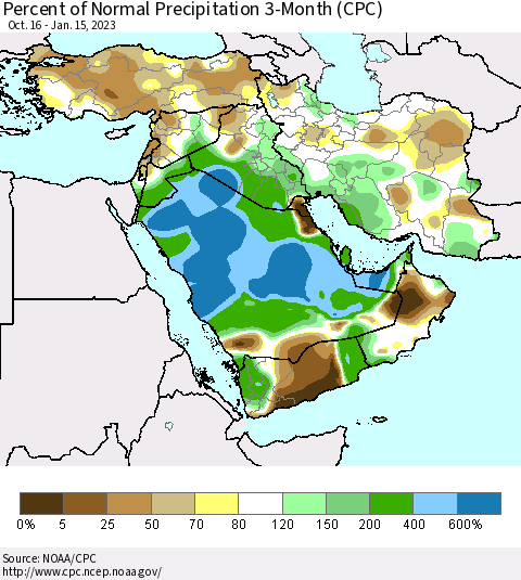 Middle East and Turkey Percent of Normal Precipitation 3-Month (CPC) Thematic Map For 10/16/2022 - 1/15/2023