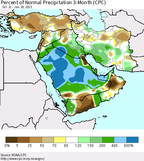 Middle East and Turkey Percent of Normal Precipitation 3-Month (CPC) Thematic Map For 10/21/2022 - 1/20/2023