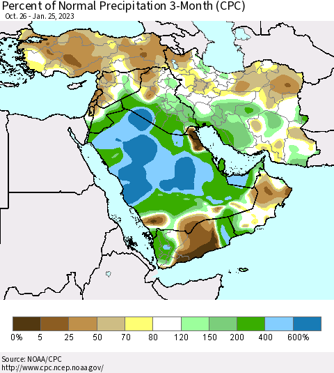 Middle East and Turkey Percent of Normal Precipitation 3-Month (CPC) Thematic Map For 10/26/2022 - 1/25/2023