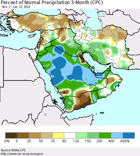 Middle East and Turkey Percent of Normal Precipitation 3-Month (CPC) Thematic Map For 11/1/2022 - 1/31/2023