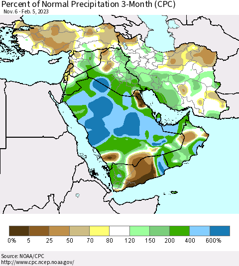 Middle East and Turkey Percent of Normal Precipitation 3-Month (CPC) Thematic Map For 11/6/2022 - 2/5/2023