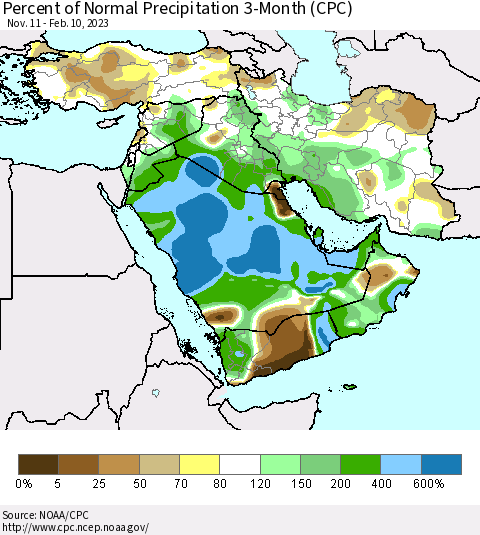 Middle East and Turkey Percent of Normal Precipitation 3-Month (CPC) Thematic Map For 11/11/2022 - 2/10/2023