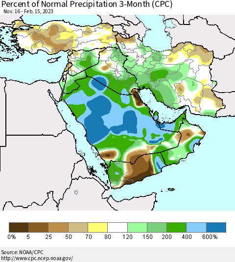 Middle East and Turkey Percent of Normal Precipitation 3-Month (CPC) Thematic Map For 11/16/2022 - 2/15/2023
