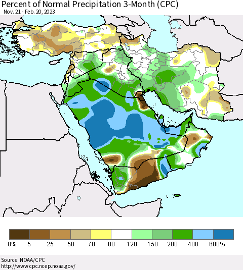 Middle East and Turkey Percent of Normal Precipitation 3-Month (CPC) Thematic Map For 11/21/2022 - 2/20/2023