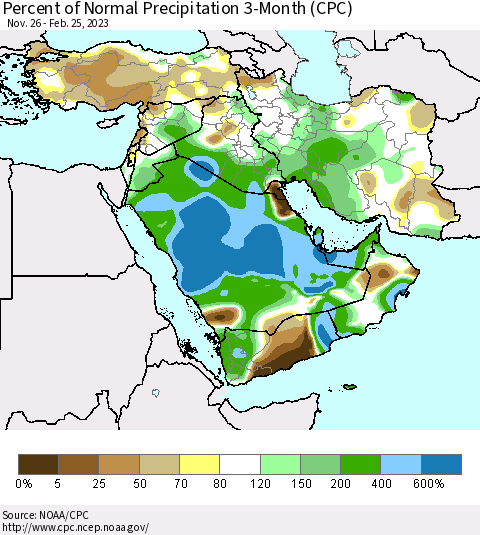 Middle East and Turkey Percent of Normal Precipitation 3-Month (CPC) Thematic Map For 11/26/2022 - 2/25/2023