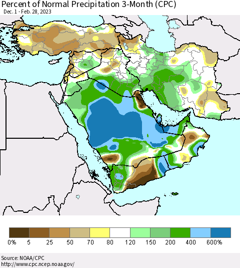 Middle East and Turkey Percent of Normal Precipitation 3-Month (CPC) Thematic Map For 12/1/2022 - 2/28/2023