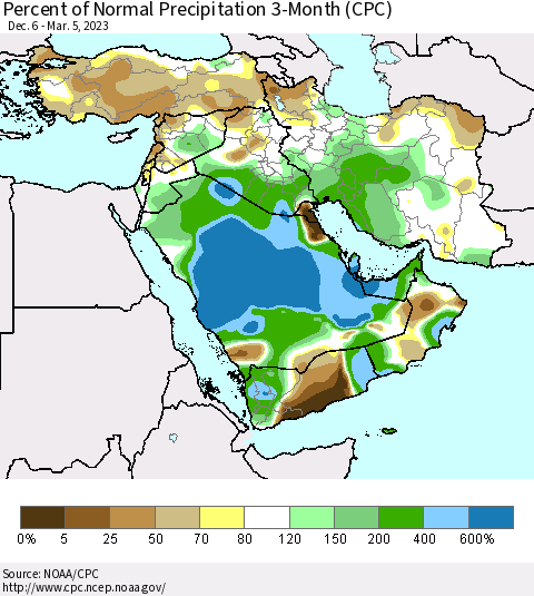 Middle East and Turkey Percent of Normal Precipitation 3-Month (CPC) Thematic Map For 12/6/2022 - 3/5/2023