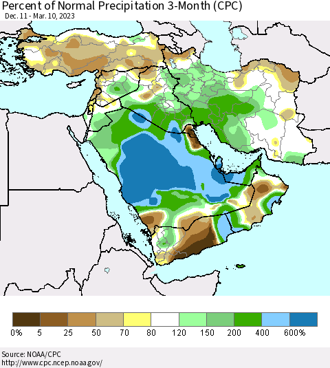 Middle East and Turkey Percent of Normal Precipitation 3-Month (CPC) Thematic Map For 12/11/2022 - 3/10/2023