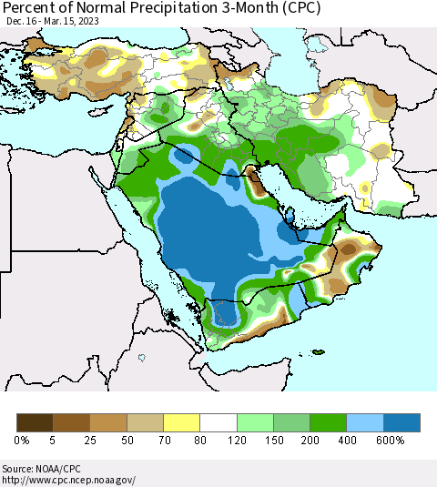Middle East and Turkey Percent of Normal Precipitation 3-Month (CPC) Thematic Map For 12/16/2022 - 3/15/2023