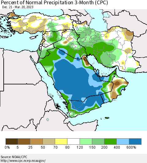 Middle East and Turkey Percent of Normal Precipitation 3-Month (CPC) Thematic Map For 12/21/2022 - 3/20/2023
