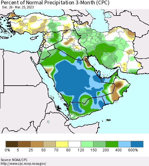 Middle East and Turkey Percent of Normal Precipitation 3-Month (CPC) Thematic Map For 12/26/2022 - 3/25/2023