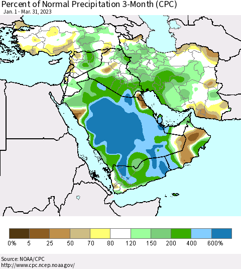 Middle East and Turkey Percent of Normal Precipitation 3-Month (CPC) Thematic Map For 1/1/2023 - 3/31/2023