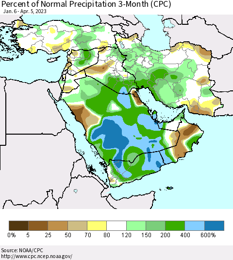 Middle East and Turkey Percent of Normal Precipitation 3-Month (CPC) Thematic Map For 1/6/2023 - 4/5/2023