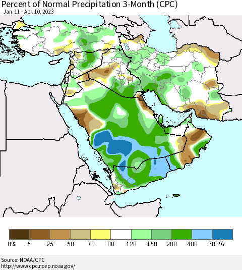 Middle East and Turkey Percent of Normal Precipitation 3-Month (CPC) Thematic Map For 1/11/2023 - 4/10/2023
