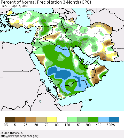 Middle East and Turkey Percent of Normal Precipitation 3-Month (CPC) Thematic Map For 1/16/2023 - 4/15/2023