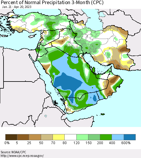 Middle East and Turkey Percent of Normal Precipitation 3-Month (CPC) Thematic Map For 1/21/2023 - 4/20/2023