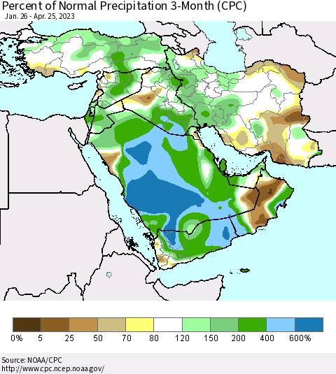 Middle East and Turkey Percent of Normal Precipitation 3-Month (CPC) Thematic Map For 1/26/2023 - 4/25/2023
