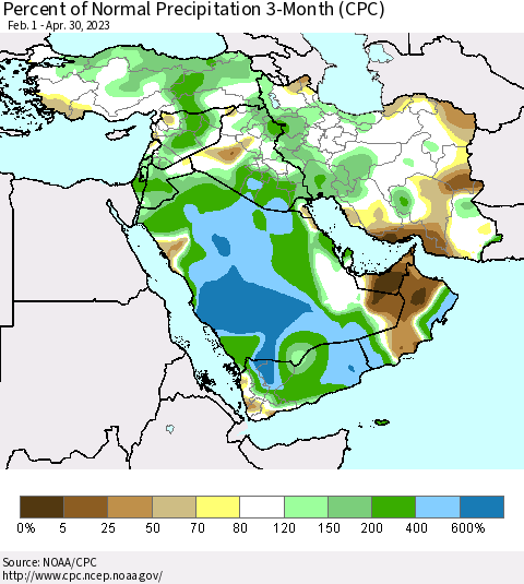 Middle East and Turkey Percent of Normal Precipitation 3-Month (CPC) Thematic Map For 2/1/2023 - 4/30/2023
