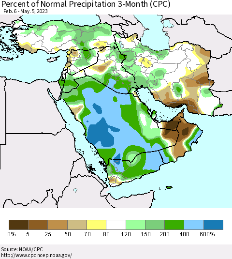 Middle East and Turkey Percent of Normal Precipitation 3-Month (CPC) Thematic Map For 2/6/2023 - 5/5/2023