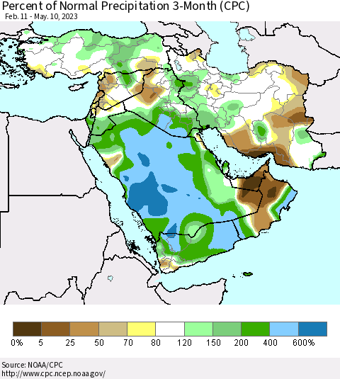 Middle East and Turkey Percent of Normal Precipitation 3-Month (CPC) Thematic Map For 2/11/2023 - 5/10/2023