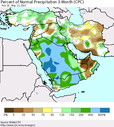 Middle East and Turkey Percent of Normal Precipitation 3-Month (CPC) Thematic Map For 2/16/2023 - 5/15/2023