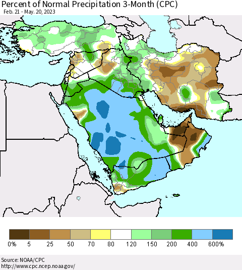 Middle East and Turkey Percent of Normal Precipitation 3-Month (CPC) Thematic Map For 2/21/2023 - 5/20/2023