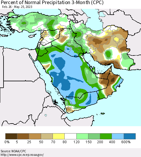 Middle East and Turkey Percent of Normal Precipitation 3-Month (CPC) Thematic Map For 2/26/2023 - 5/25/2023