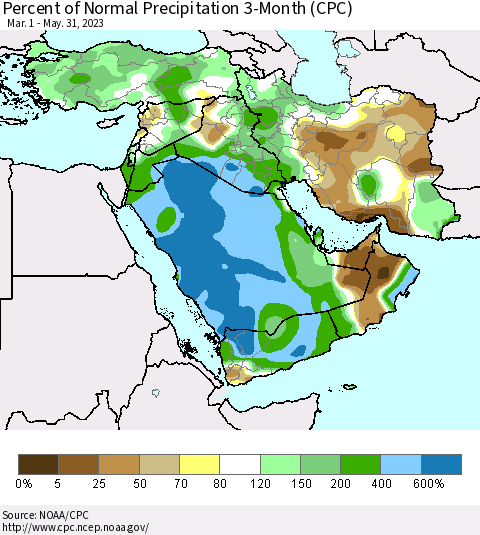 Middle East and Turkey Percent of Normal Precipitation 3-Month (CPC) Thematic Map For 3/1/2023 - 5/31/2023