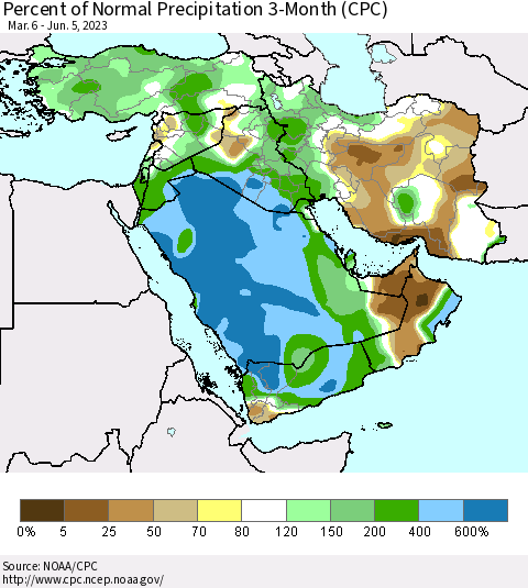 Middle East and Turkey Percent of Normal Precipitation 3-Month (CPC) Thematic Map For 3/6/2023 - 6/5/2023
