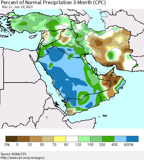 Middle East and Turkey Percent of Normal Precipitation 3-Month (CPC) Thematic Map For 3/11/2023 - 6/10/2023