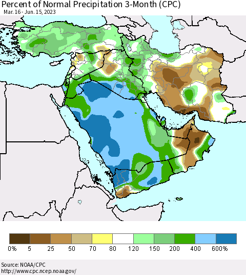 Middle East and Turkey Percent of Normal Precipitation 3-Month (CPC) Thematic Map For 3/16/2023 - 6/15/2023