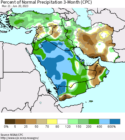 Middle East and Turkey Percent of Normal Precipitation 3-Month (CPC) Thematic Map For 3/21/2023 - 6/20/2023