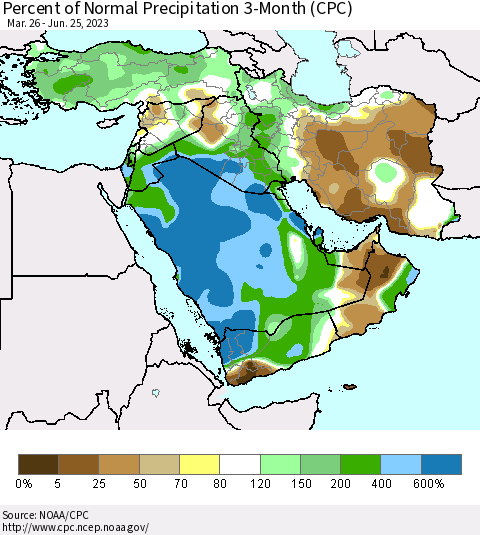 Middle East and Turkey Percent of Normal Precipitation 3-Month (CPC) Thematic Map For 3/26/2023 - 6/25/2023